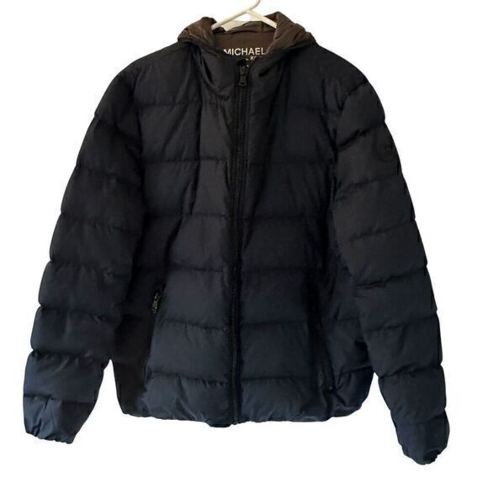Michael Kors Black Brown‎ Premium Down Full Zip Hooded Puffer Jacket Size L